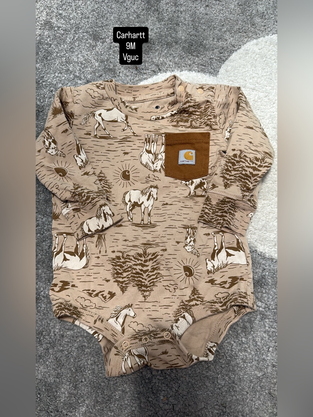 Carhartt Tan and Brown Horse Print Baby Onesie with Chest Pocket